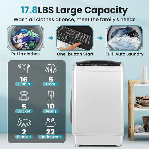 2.4 Cu.t Portable Washing hine, 17.8 lbs acity ull Automatic Washing hine with 10 Wash Progs, LED Display & Drain Pump, Portable