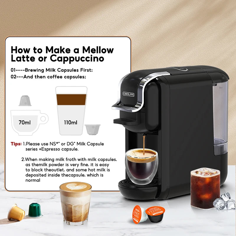 CAFELFFE MK-603 Capsule Coffee Machine with 4 Adapters, 19Bar Hot Cold Brew Espresso Maker For NES/DG/ESE and Coffee Grounds