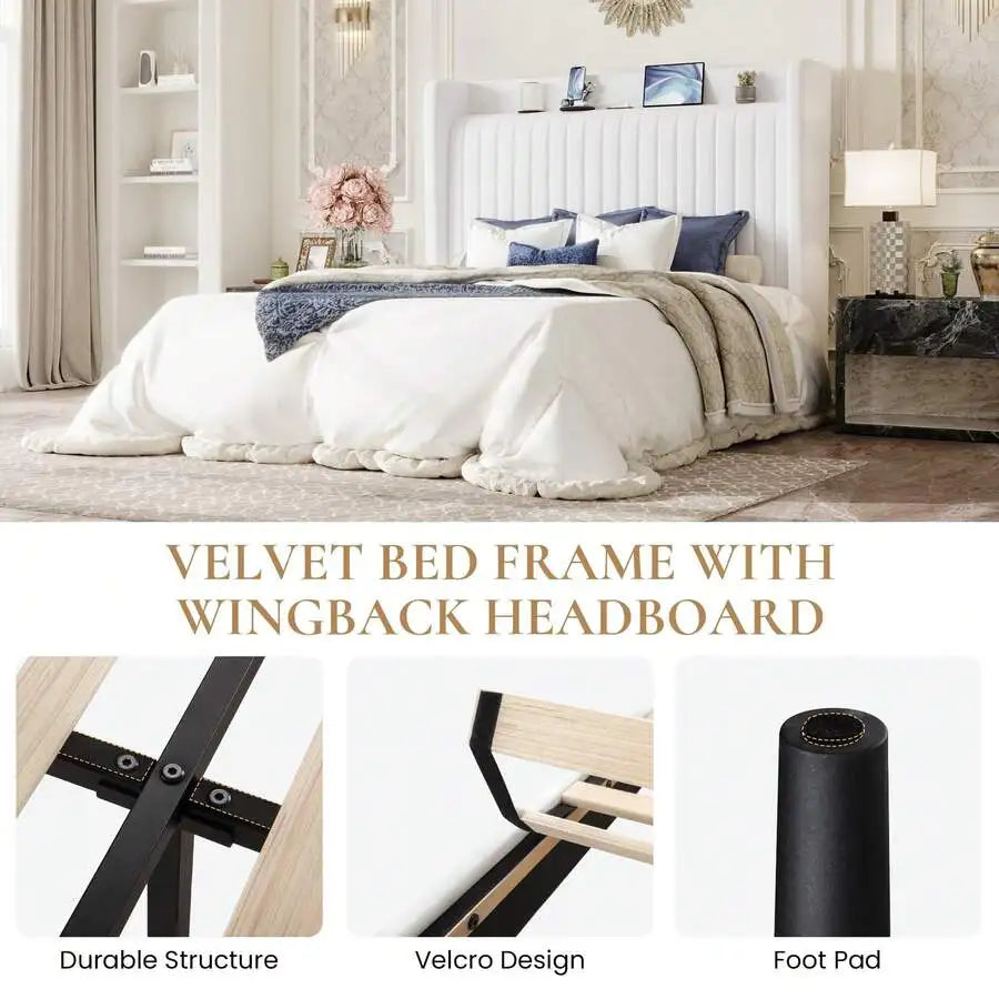 Full/Queen/King Size Velvet Bed Frame With USB Charging Station, Wingback Storage Headboard, Upholstered Platform Bed With Wooden Slats Support, No Box Spring Needed, Easy Assembly, White