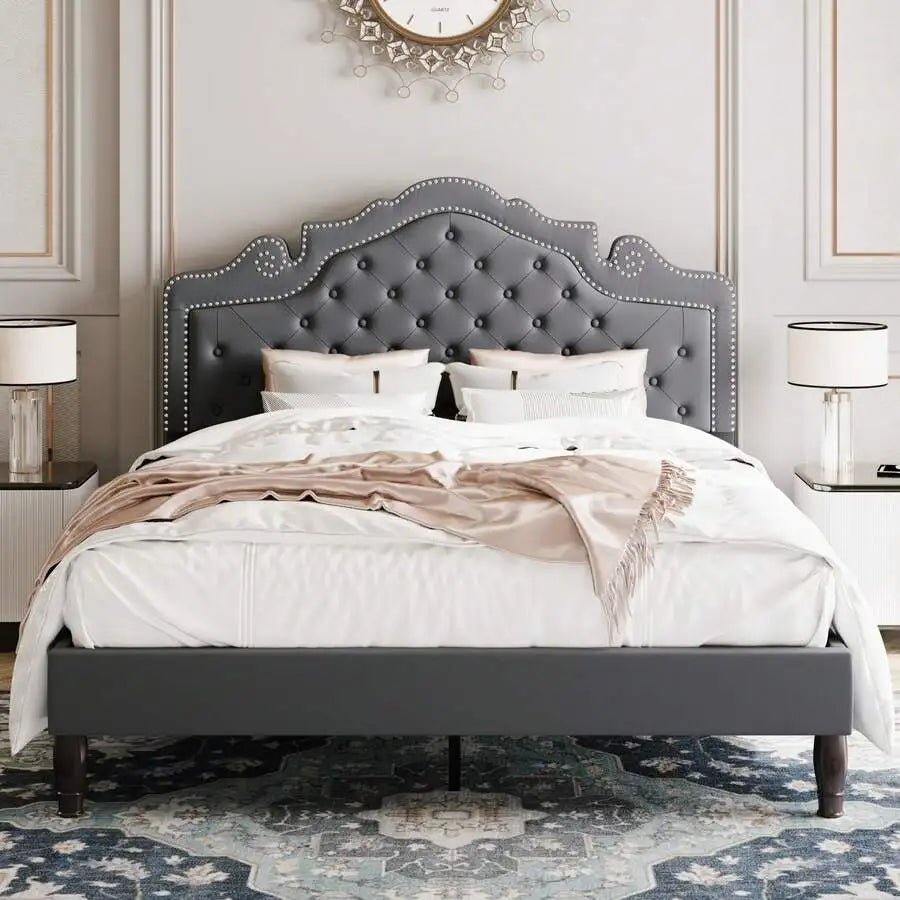 Full/Queen/King Size Velvet Bed Frame With Adjustable Headboard, Wooden Slats Support, Upholstered Diamond Button Tufted And Metal Studs, No Box Spring Needed, Easy Assembly, White