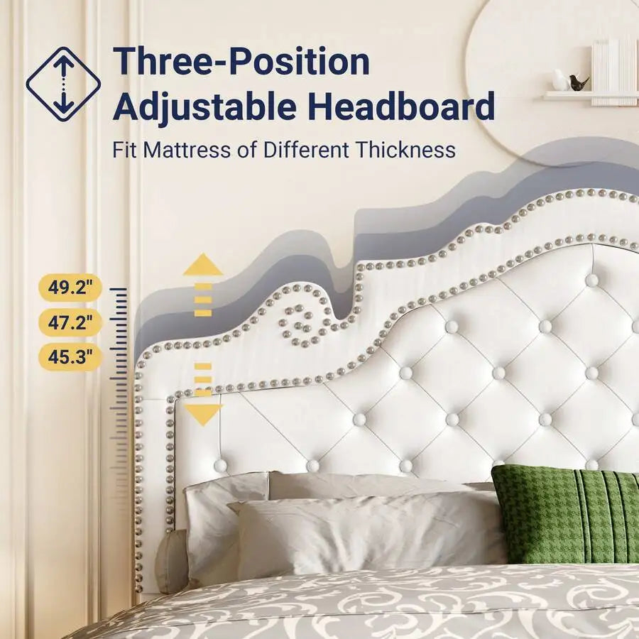 Full/Queen/King Size Velvet Bed Frame With Adjustable Headboard, Wooden Slats Support, Upholstered Diamond Button Tufted And Metal Studs, No Box Spring Needed, Easy Assembly, White
