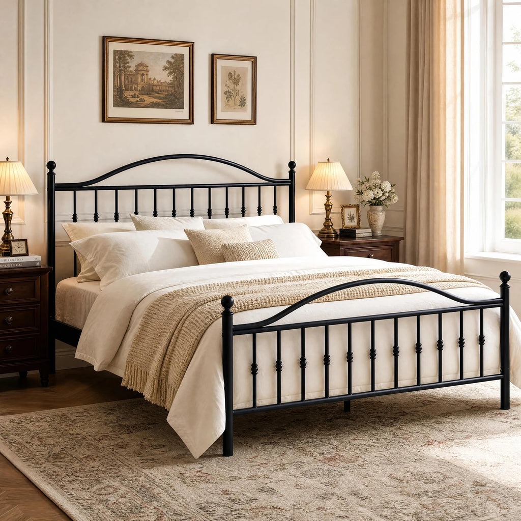 Twin Full Queen King Victorian Metal Bed Frame With Headboard Footboard, Steel Slats, 12.6in Underbed Storage, No Box Spring Needed