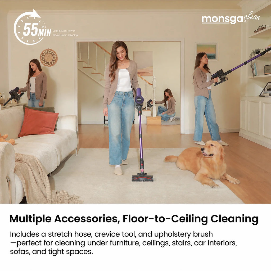Monsga 55KPA 450W Cordless Vacuum Cleaner, Vertical Vacuum Cleaner Anti-Tangle Brush, Handheld Stick Vacuum Cleaner for Home, Pet Hair, Carpet and Hard Floors