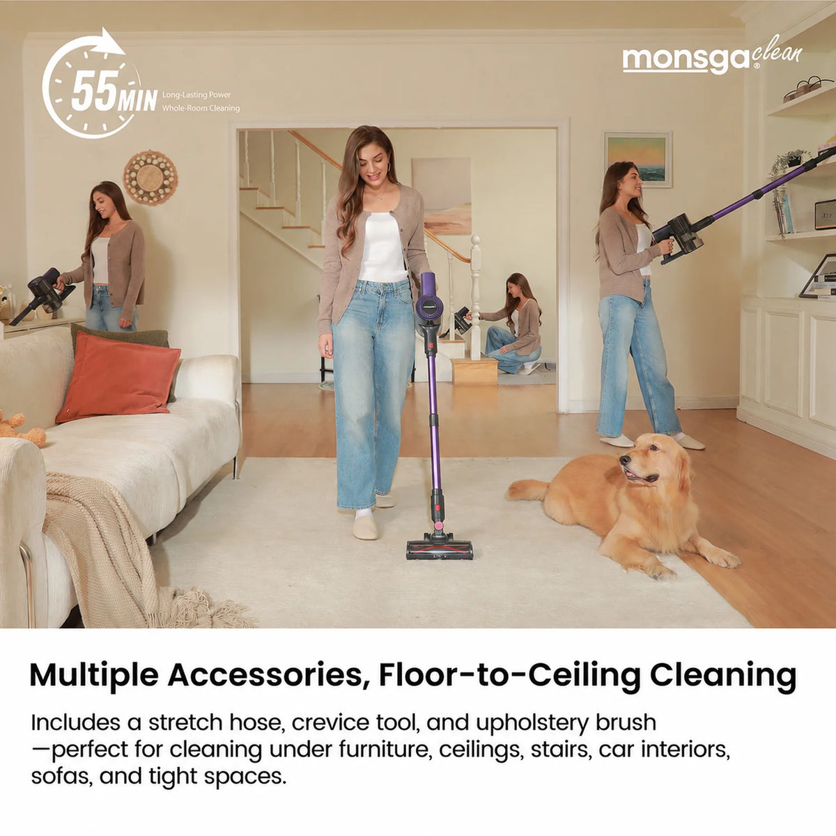 Monsga 55KPA 450W Cordless Vacuum Cleaner, Vertical Vacuum Cleaner Anti-Tangle Brush, Handheld Stick Vacuum Cleaner for Home, Pet Hair, Carpet and Hard Floors