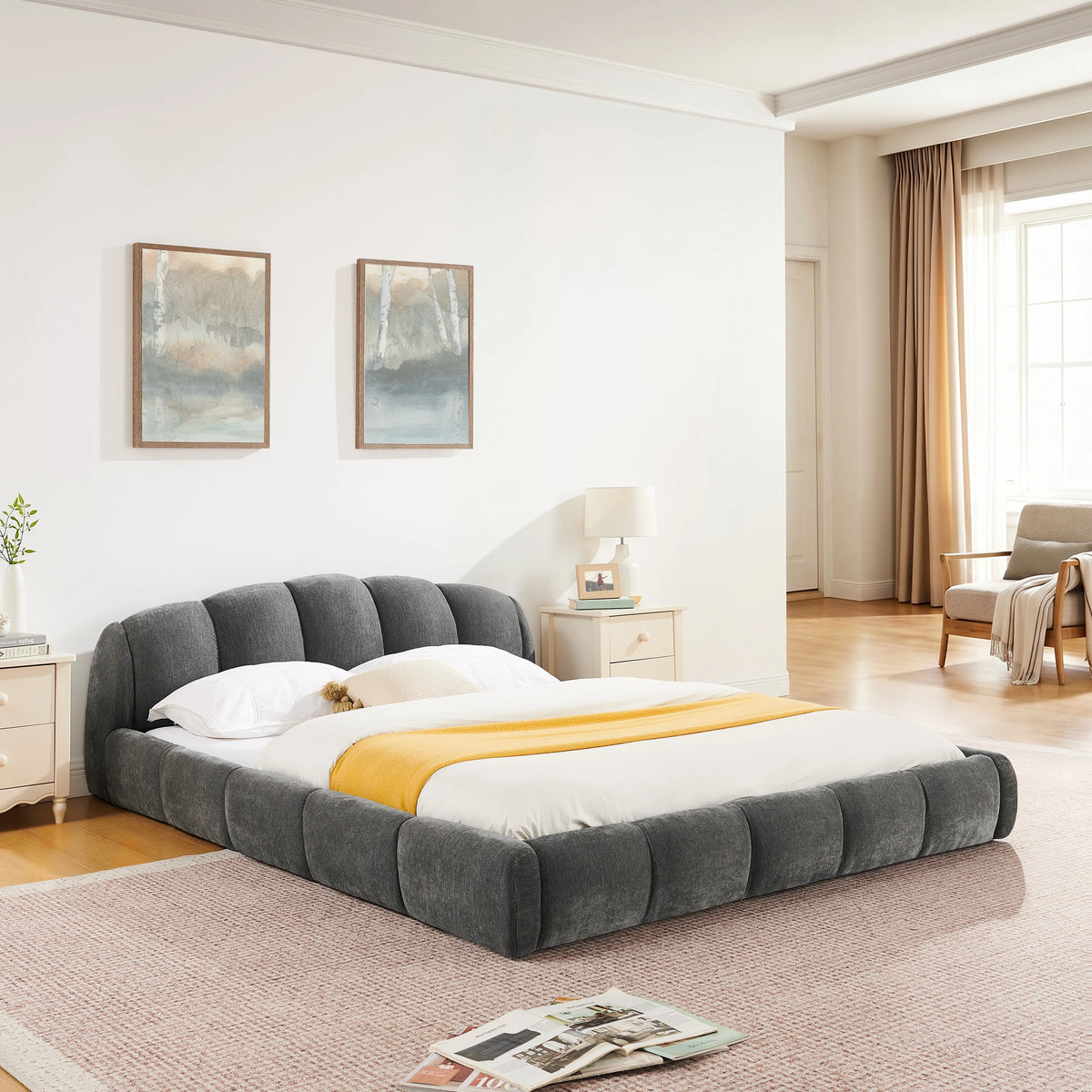 Queen Size Chenille Upholstered Platform Bed Frame with Thick Curved Headboard, Elegant Low Profile Floor Bed, No Box Spring Needed, Pink