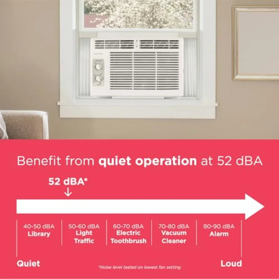 Window-mounted air conditioner for small rooms, white plastic housing, quiet 5, 000 BTU cooling up to 150 sq. ft., 2 fan speeds