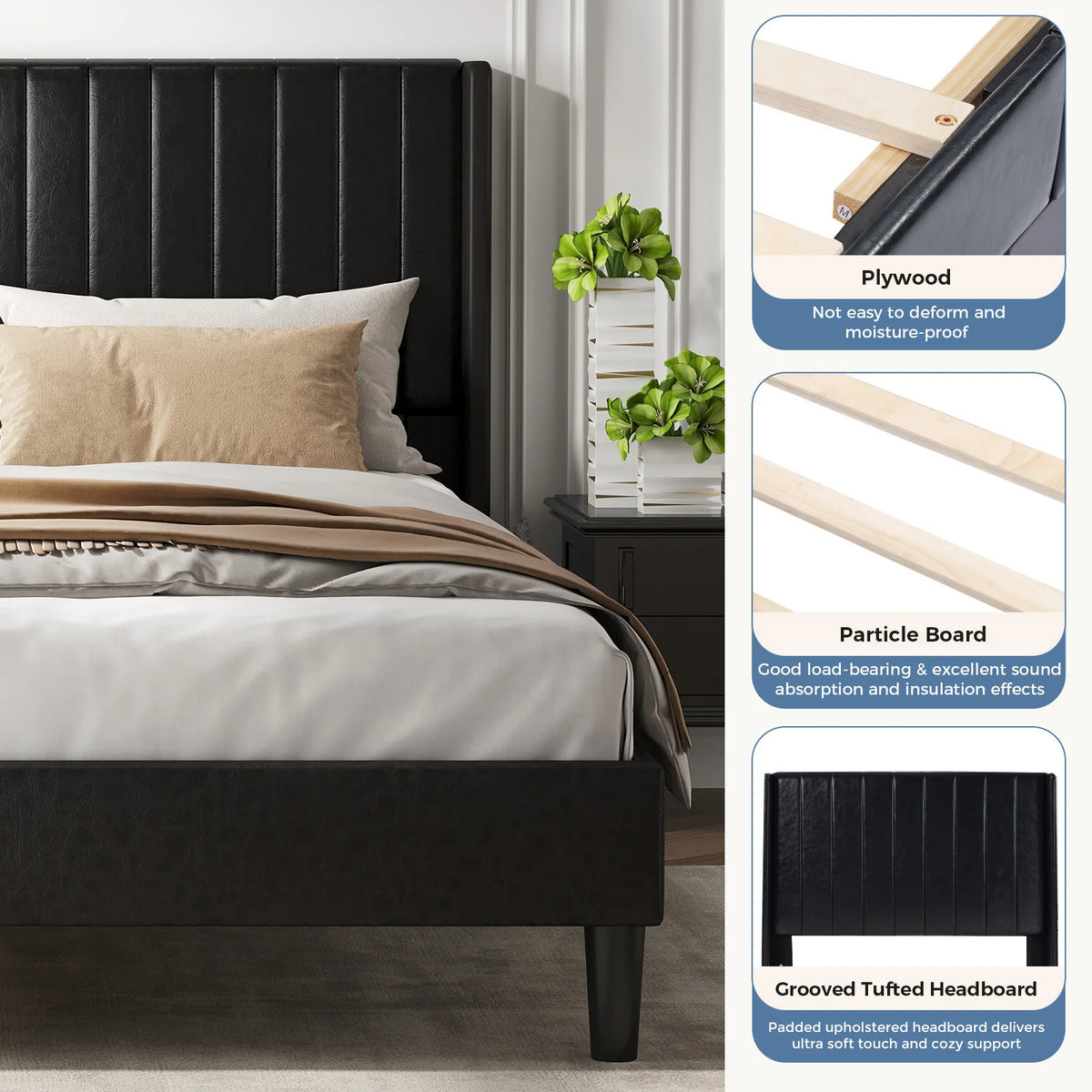 JHK Basic Upholstered Platform Bed Frame with Modern Wingback Headboard Wooden Slats 800lbs Capacity No Box Spring Needed Easy Assembly For Bedroom