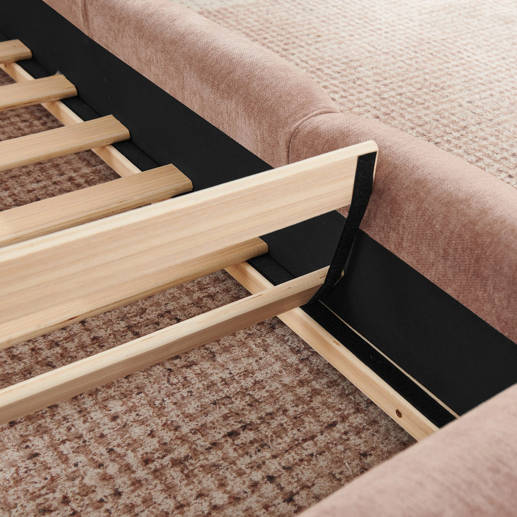 Queen Size Chenille Upholstered Platform Bed Frame with Thick Curved Headboard, Elegant Low Profile Floor Bed, No Box Spring Needed, Pink