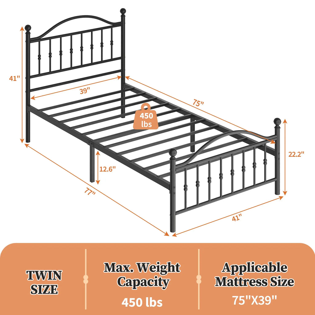 Twin Full Queen King Victorian Metal Bed Frame With Headboard Footboard, Steel Slats, 12.6in Underbed Storage, No Box Spring Needed