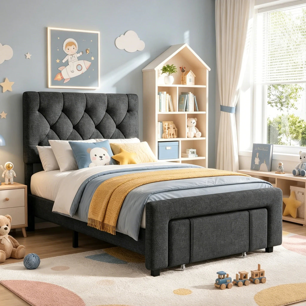 Twin Size Upholstered Bed Frame With 2 Storage Drawers, Platform Bed With Headboard, Wooden Slats Support, No Box Spring Needed