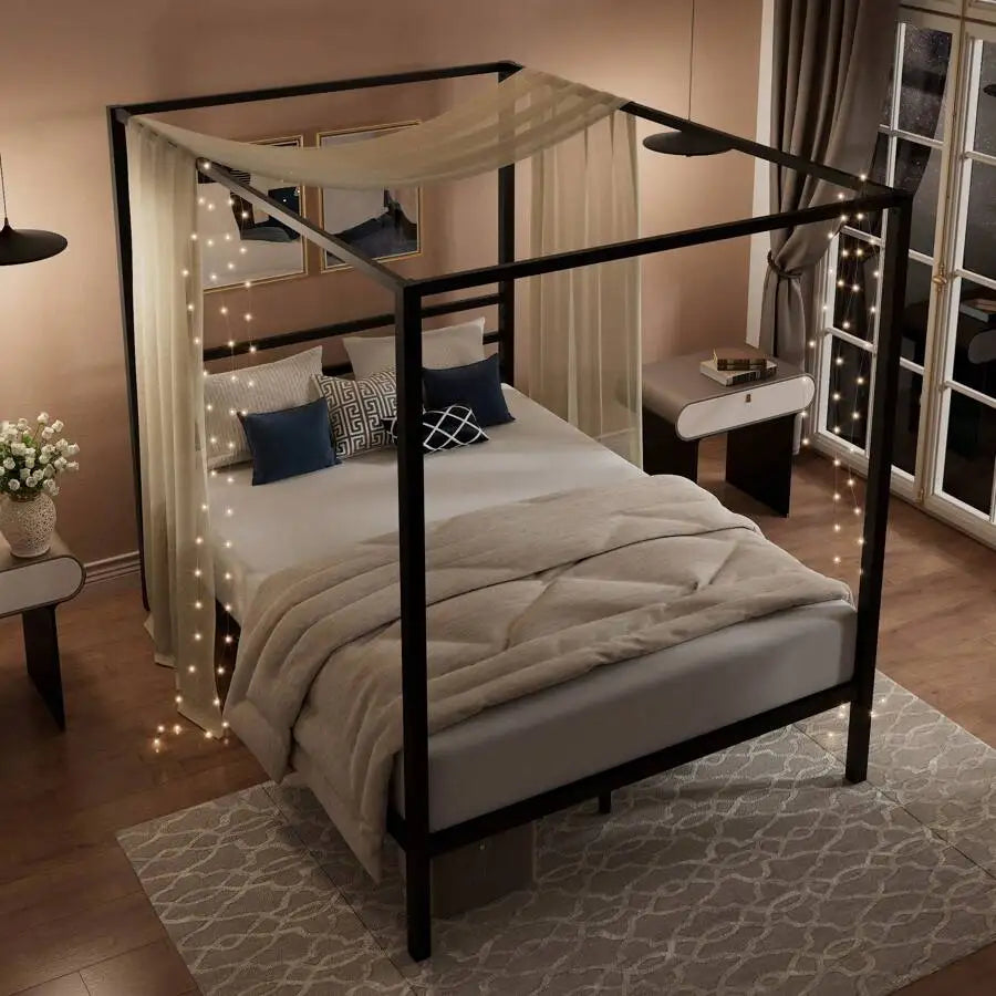 Black Canopy Bed Frame, Full/Queen Size, Metal Canopy Platform Bed With 4 Posts, Mattress Foundation With Metal Slats Support, No Box Spring Needed, Noise Free, Easy Assembly
