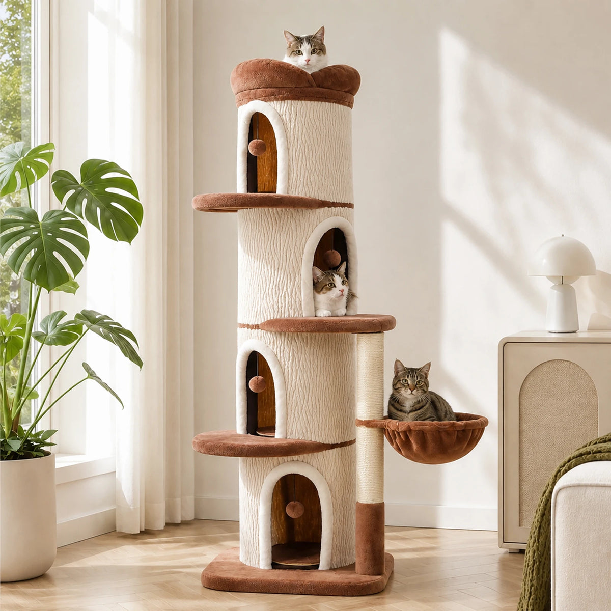 Large Cat Tree with 4 Spacious Condos Thick Scratching Post Flower Top Bed Tall Cat Tower for Indoor Luxury Cat House Bed Toys