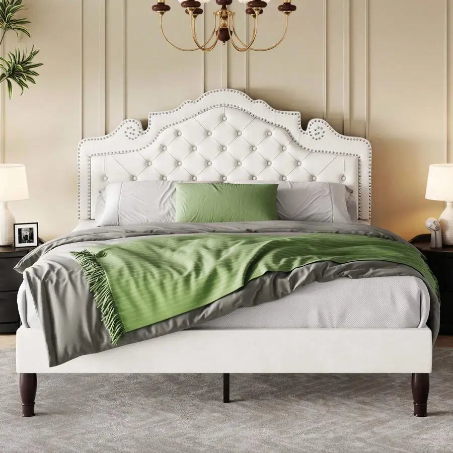 Full/Queen/King Size Velvet Bed Frame With Adjustable Headboard, Wooden Slats Support, Upholstered Diamond Button Tufted And Metal Studs, No Box Spring Needed, Easy Assembly, White