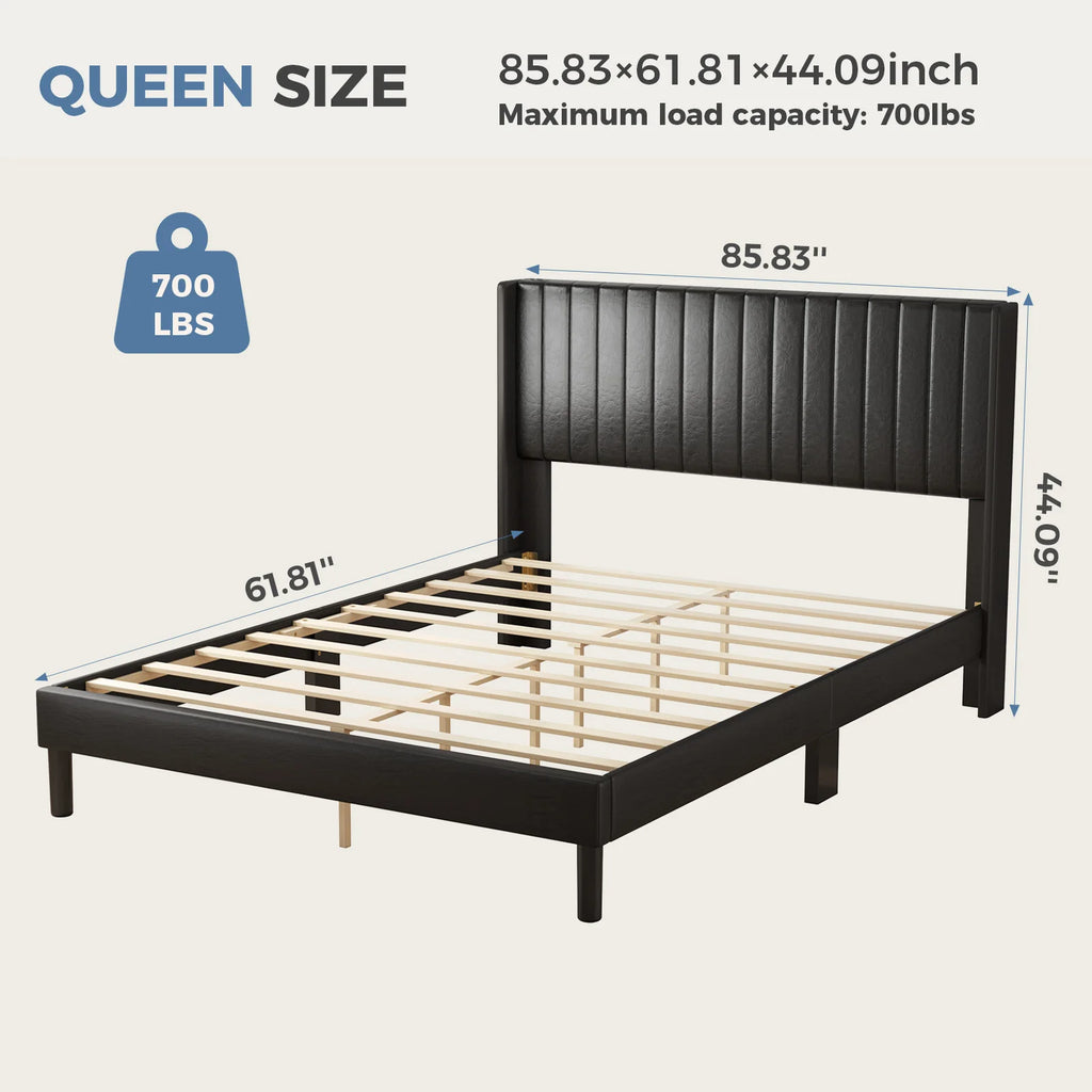 JHK Basic Upholstered Platform Bed Frame with Modern Wingback Headboard Wooden Slats 800lbs Capacity No Box Spring Needed Easy Assembly For Bedroom