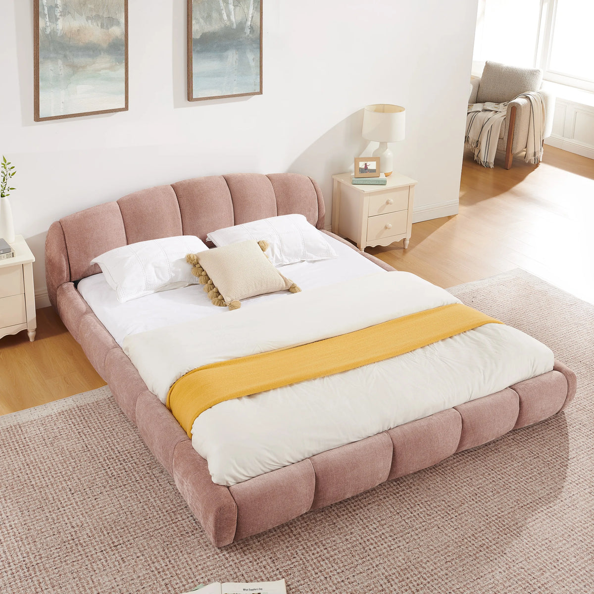 Queen Size Chenille Upholstered Platform Bed Frame with Thick Curved Headboard, Elegant Low Profile Floor Bed, No Box Spring Needed, Pink