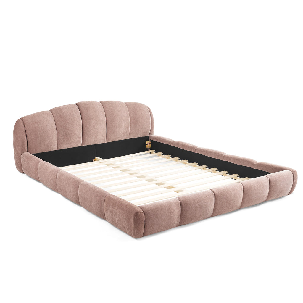 Queen Size Chenille Upholstered Platform Bed Frame with Thick Curved Headboard, Elegant Low Profile Floor Bed, No Box Spring Needed, Pink