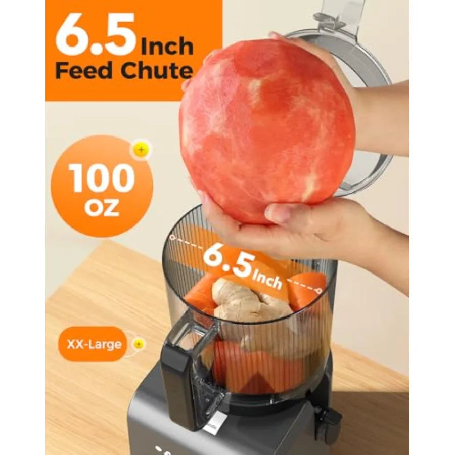 3-In-1 Cold Press Juicer For Home Use, Oxide Gray Stainless Steel And BPA-Free Plastic, Slow Masticating With 6.5 Inch Mega Chu