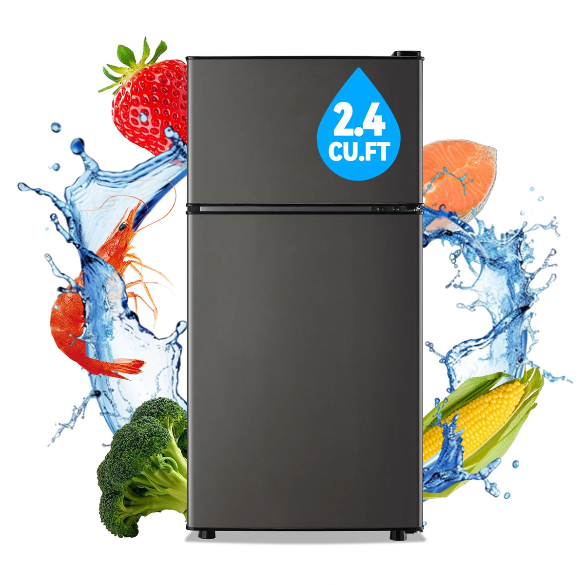 Mini Fridge with Top Freezer 2.4Cu.ft Two Door Small Grey Refrigerator for Personal Use Includes Egg Tray