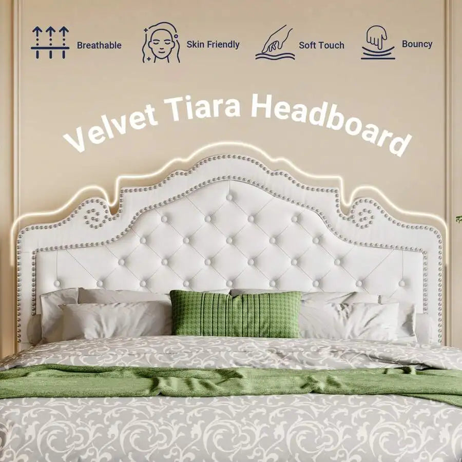 Full/Queen/King Size Velvet Bed Frame With Adjustable Headboard, Wooden Slats Support, Upholstered Diamond Button Tufted And Metal Studs, No Box Spring Needed, Easy Assembly, White