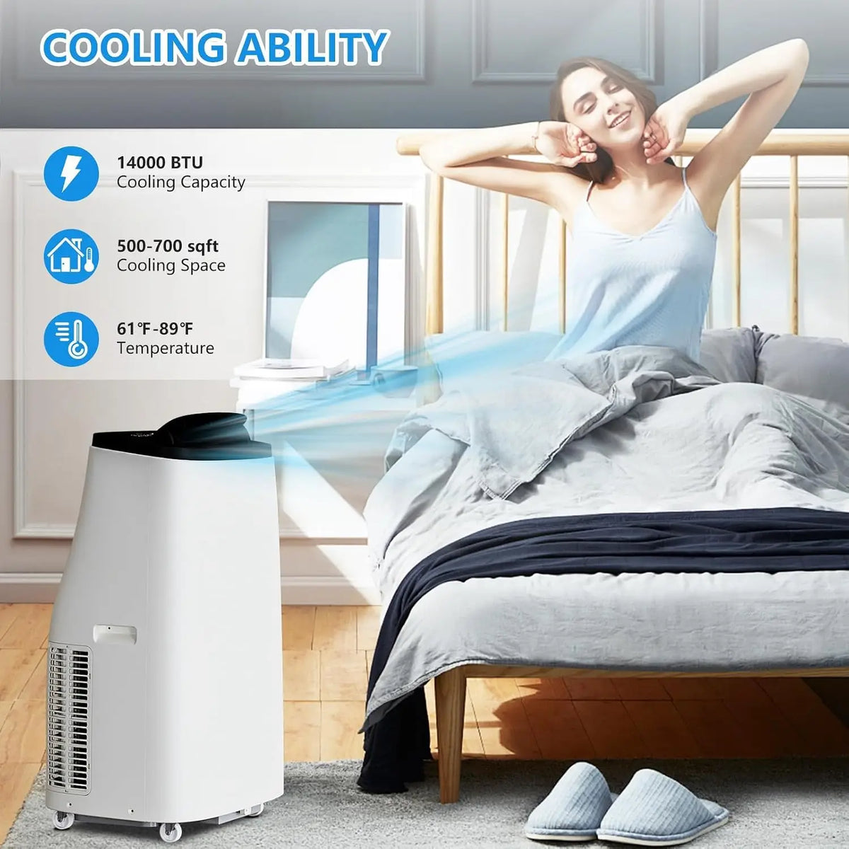 14,000 BTU High Quality Smart Home Portable AC Air Conditioner 3-in-1 Portable Air Conditioner with Cooling for Home office Living room 24H Timer