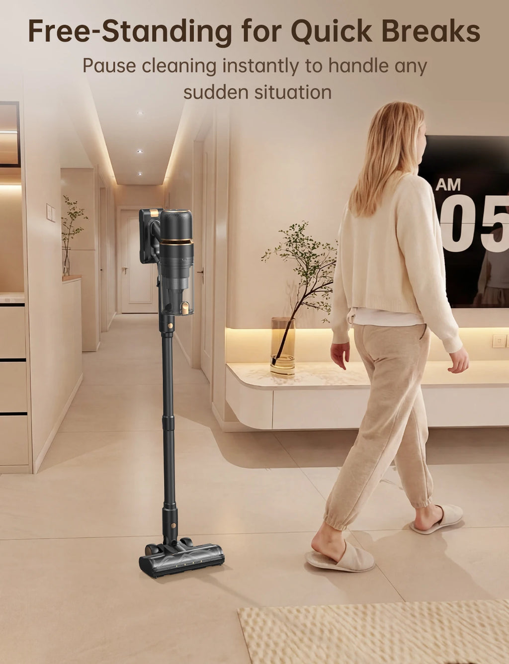 Cordless Vacuum Cleaner 600W/58KPa, Self-Standing Stick Vacuum with 65-Min Runtime & Removable Battery, Self-Cleaning Filtration, Tangle-Free for Pet Hair, Carpets, Hard Floors & Everyday Cleaning