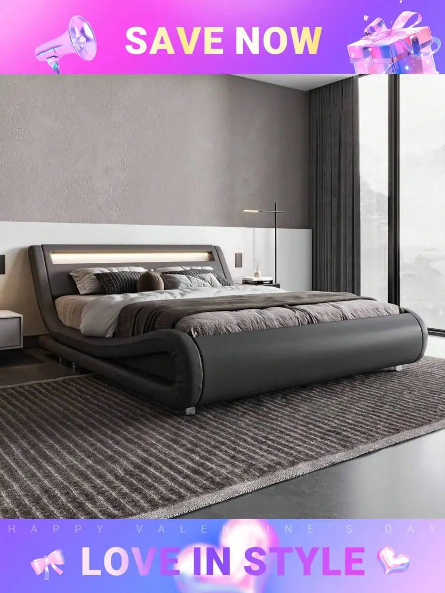 Full/Queen/King Size LED Platform Bed Frame With Adjustable Headboard, No Box Spring Need, Easy Assembly, Faux Leather In White And Black