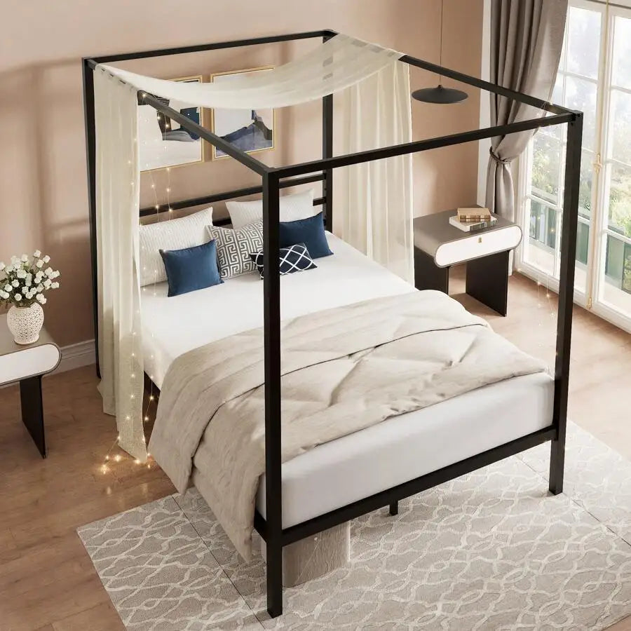 Black Canopy Bed Frame, Full/Queen Size, Metal Canopy Platform Bed With 4 Posts, Mattress Foundation With Metal Slats Support, No Box Spring Needed, Noise Free, Easy Assembly
