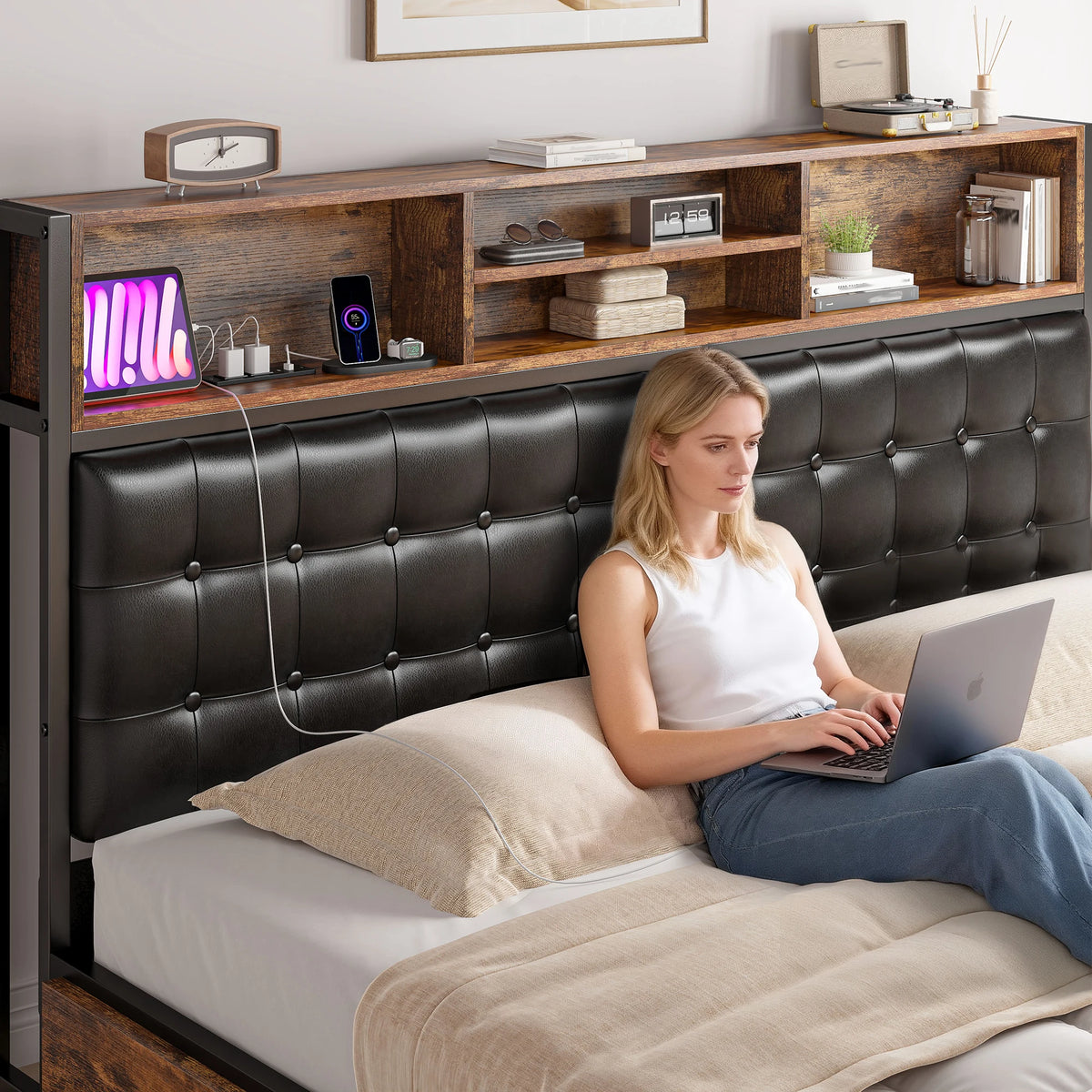 EnHomee Full/Queen/King Bed Frame with Charging Station and 4 Storage Drawers Platform Bed Frame with Upholstered Headboard No Noise