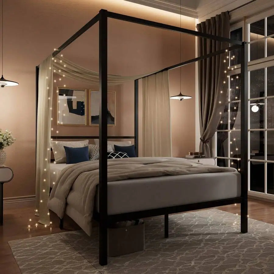 Black Canopy Bed Frame, Full/Queen Size, Metal Canopy Platform Bed With 4 Posts, Mattress Foundation With Metal Slats Support, No Box Spring Needed, Noise Free, Easy Assembly