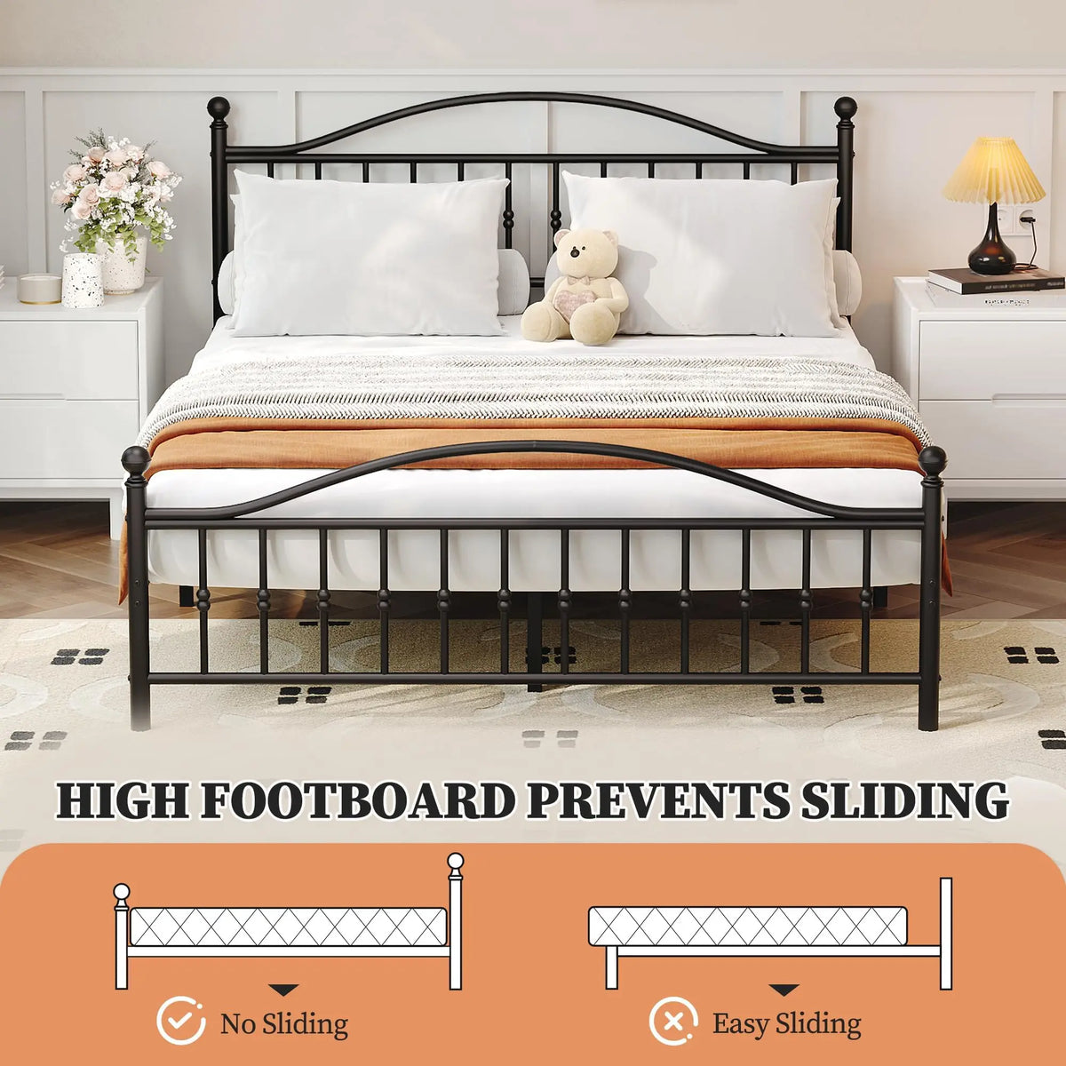 Twin Full Queen King Victorian Metal Bed Frame With Headboard Footboard, Steel Slats, 12.6in Underbed Storage, No Box Spring Needed