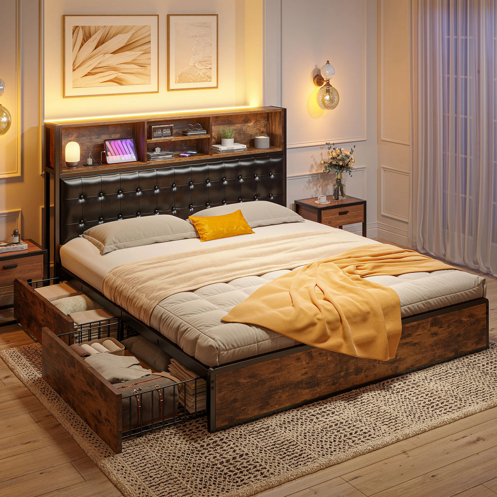 EnHomee Full/Queen/King Bed Frame with Charging Station and 4 Storage Drawers Platform Bed Frame with Upholstered Headboard No Noise