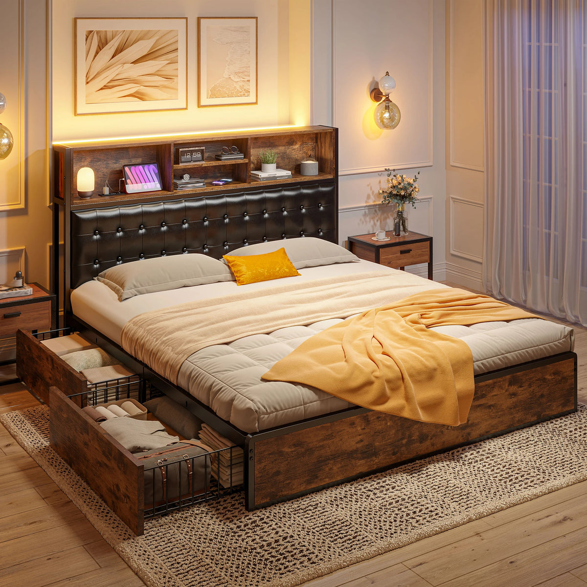 EnHomee Full/Queen/King Bed Frame with Charging Station and 4 Storage Drawers Platform Bed Frame with Upholstered Headboard No Noise