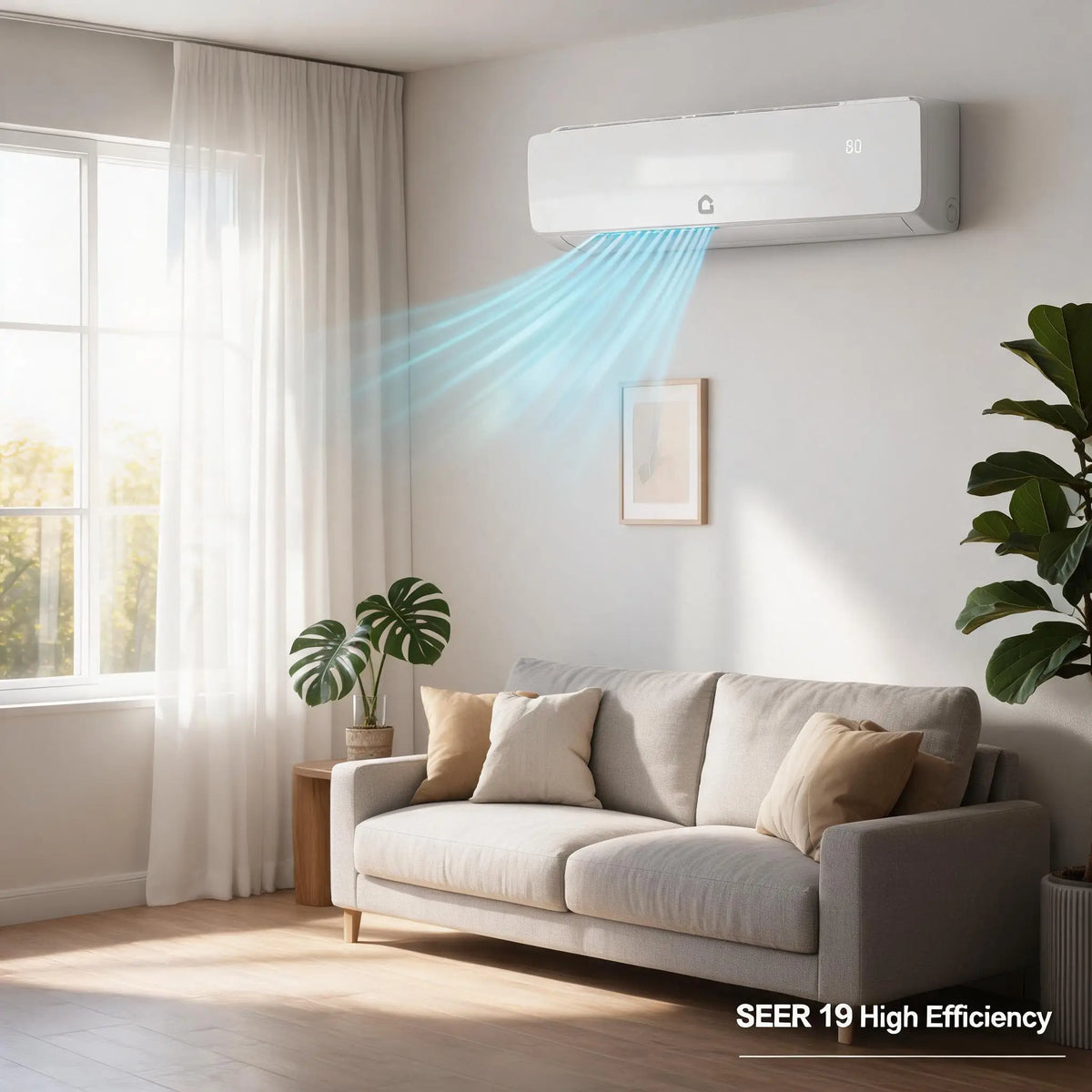 Mini Split Wall Mounted Air Conditioner And Heat Pump 9000 BTU Ultra Quiet 19 SEER2 3 In 1 Inverter Cooling Heating Dehumidifying 115V Energy Efficient Pre Charged Line Set