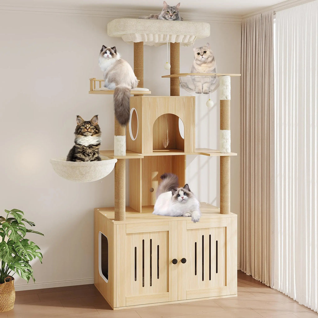 Cat Tree With Litter Box Enclosure Multi Level Cat Tower Hidden Litter Box Furniture Large Plush Top Perch Sisal Scratching Posts Cat Condo And Hammock For Indoor Cats Living Room