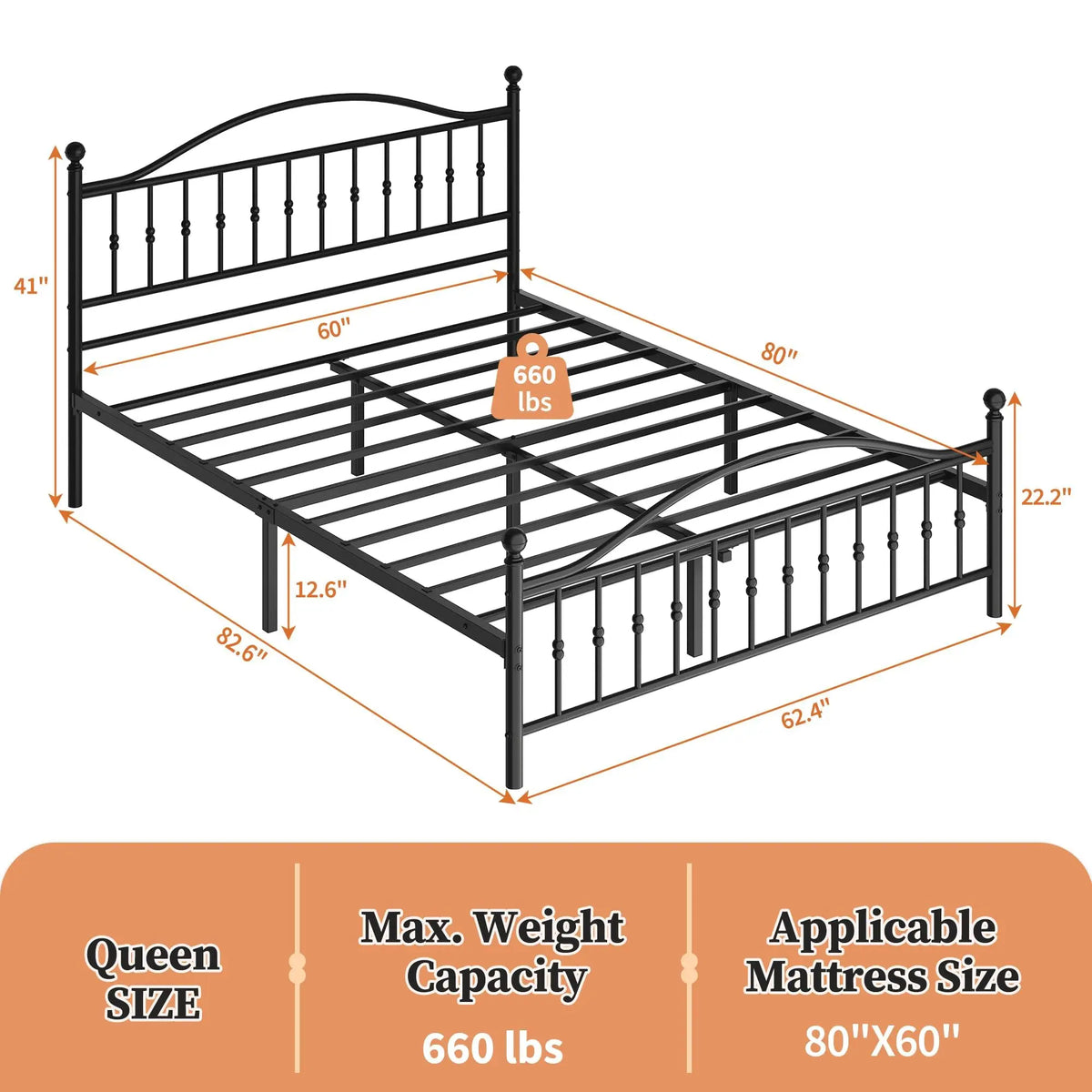 Twin Full Queen King Victorian Metal Bed Frame With Headboard Footboard, Steel Slats, 12.6in Underbed Storage, No Box Spring Needed