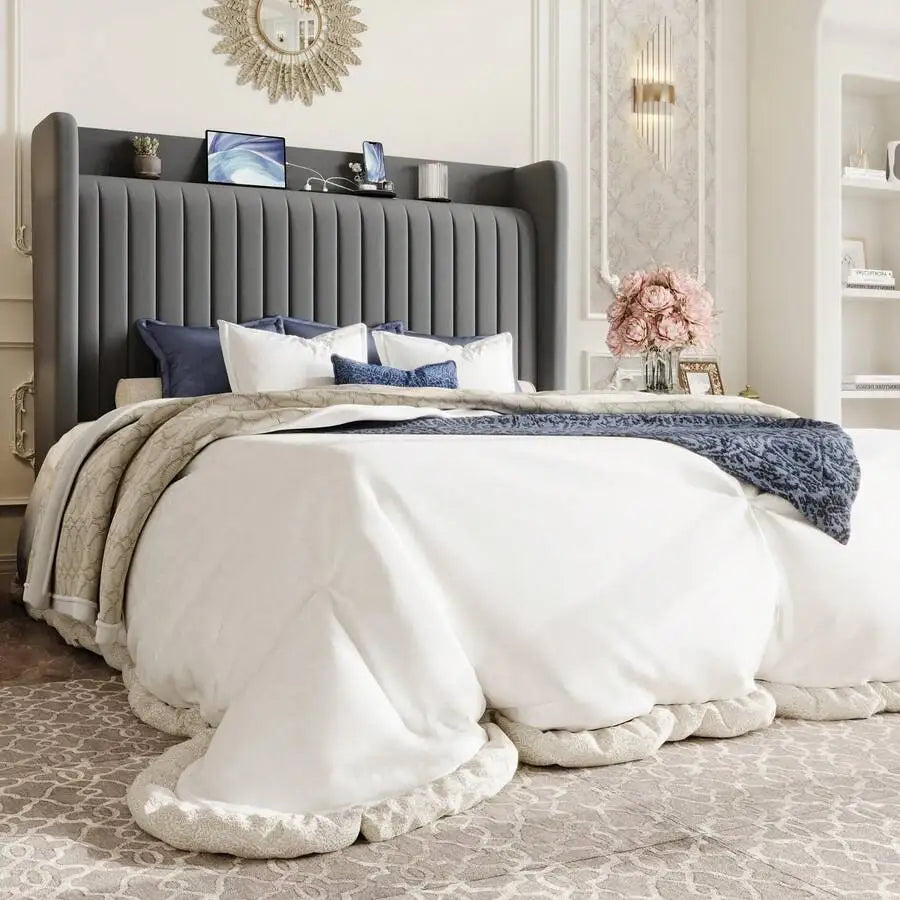 Full/Queen/King Size Velvet Bed Frame With USB Charging Station, Wingback Storage Headboard, Upholstered Platform Bed With Wooden Slats Support, No Box Spring Needed, Easy Assembly, White
