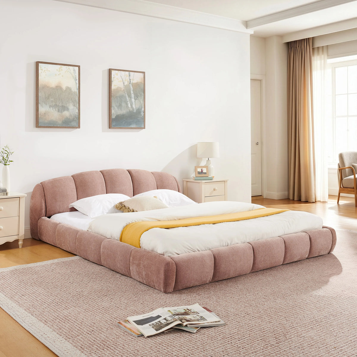 Queen Size Chenille Upholstered Platform Bed Frame with Thick Curved Headboard, Elegant Low Profile Floor Bed, No Box Spring Needed, Pink