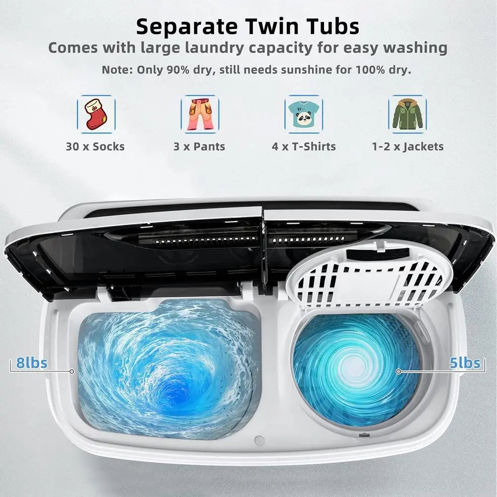 Portable Washing hine, 13Lbs Mini Twin Tub, 8Lbs Washer & 5Lbs Spinner, Compact Laundry Washer Combo, Built-in Pump Drain, Apare