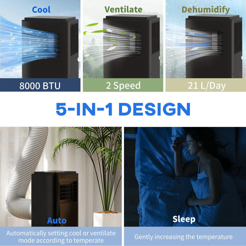 10000 BTU Portable Air Conditioner, Efficient Cooling for 440 Sq Ft, Dehumidifier, Fan, 24H Timer, Black