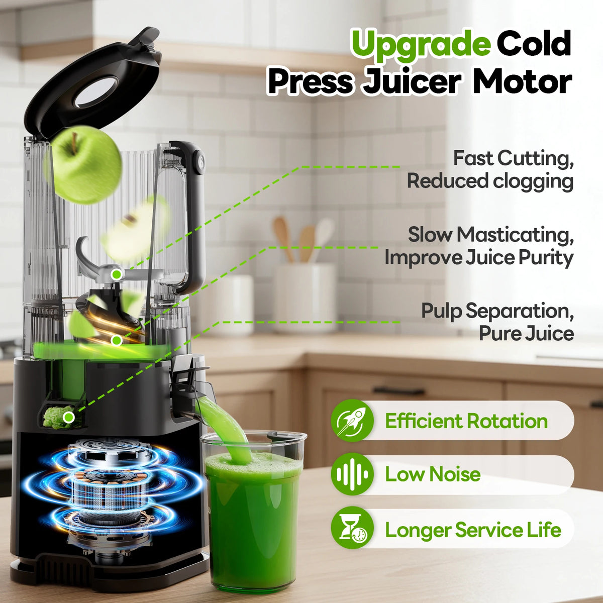 Cold Press Juicer with with 6" Large Wide Feed Chute 3 Strainers for Smooth Juice Pulpy Juice Sorbet Easy to Clean