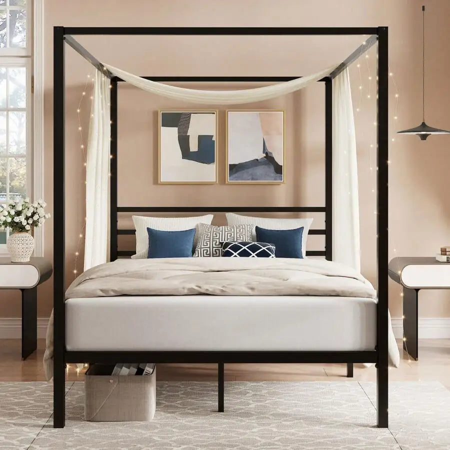 Black Canopy Bed Frame, Full/Queen Size, Metal Canopy Platform Bed With 4 Posts, Mattress Foundation With Metal Slats Support, No Box Spring Needed, Noise Free, Easy Assembly