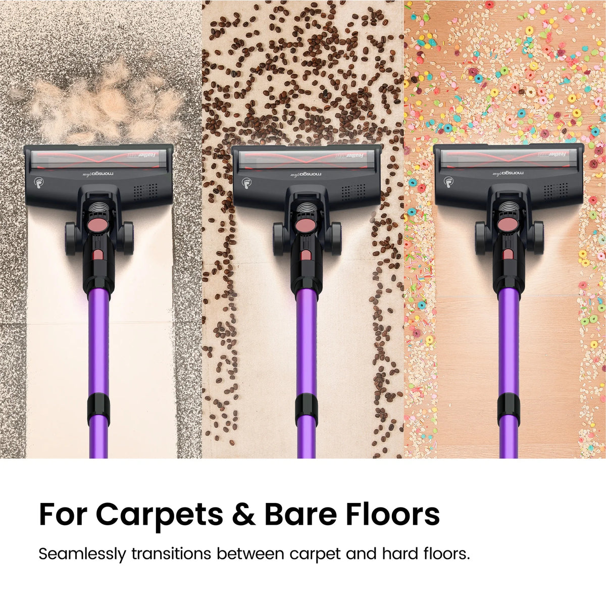 Monsga 55KPA 450W Cordless Vacuum Cleaner, Vertical Vacuum Cleaner Anti-Tangle Brush, Handheld Stick Vacuum Cleaner for Home, Pet Hair, Carpet and Hard Floors