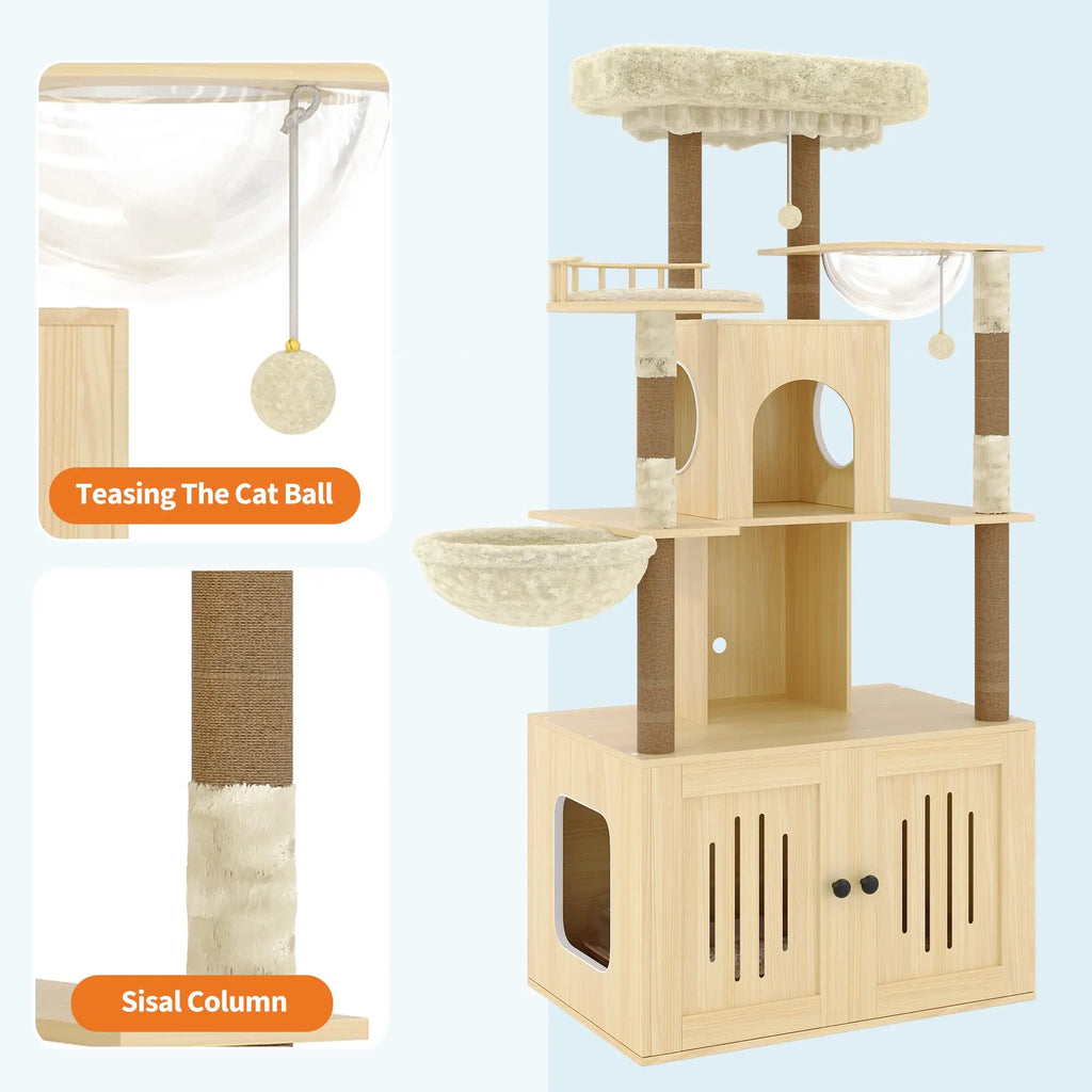 Cat Tree With Litter Box Enclosure Multi Level Cat Tower Hidden Litter Box Furniture Large Plush Top Perch Sisal Scratching Posts Cat Condo And Hammock For Indoor Cats Living Room