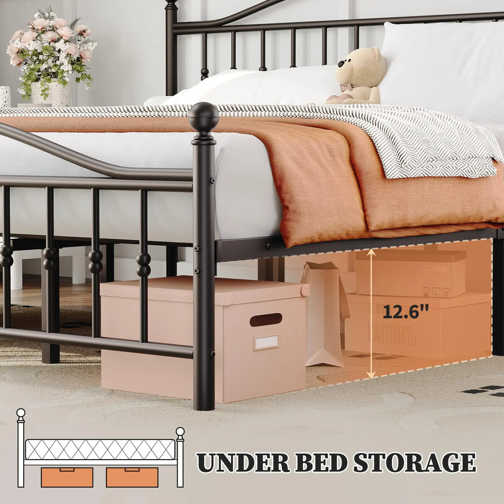 Twin Full Queen King Victorian Metal Bed Frame With Headboard Footboard, Steel Slats, 12.6in Underbed Storage, No Box Spring Needed