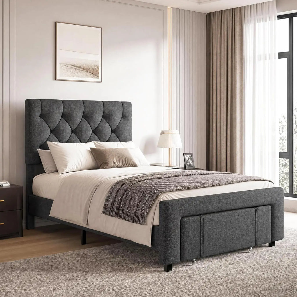 Twin Size Upholstered Bed Frame With 2 Storage Drawers, Platform Bed With Headboard, Wooden Slats Support, No Box Spring Needed