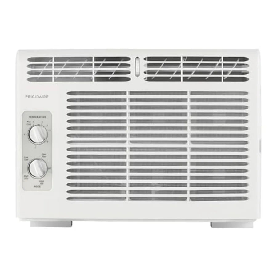 Window-mounted air conditioner for small rooms, white plastic housing, quiet 5, 000 BTU cooling up to 150 sq. ft., 2 fan speeds