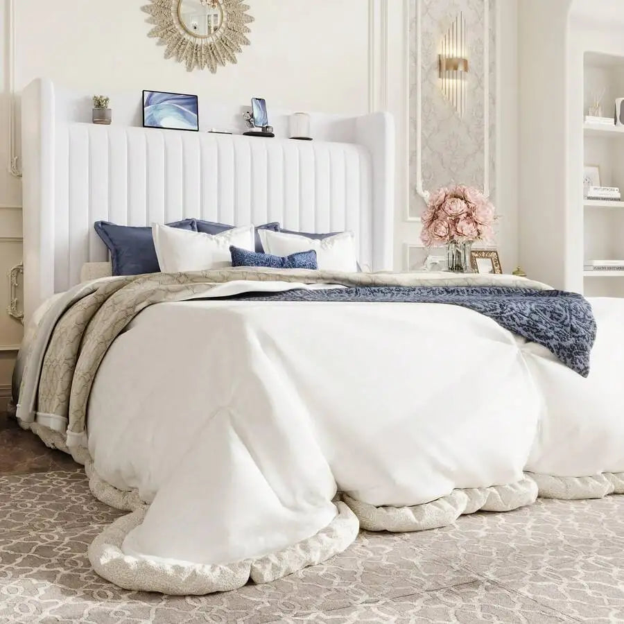 Full/Queen/King Size Velvet Bed Frame With USB Charging Station, Wingback Storage Headboard, Upholstered Platform Bed With Wooden Slats Support, No Box Spring Needed, Easy Assembly, White