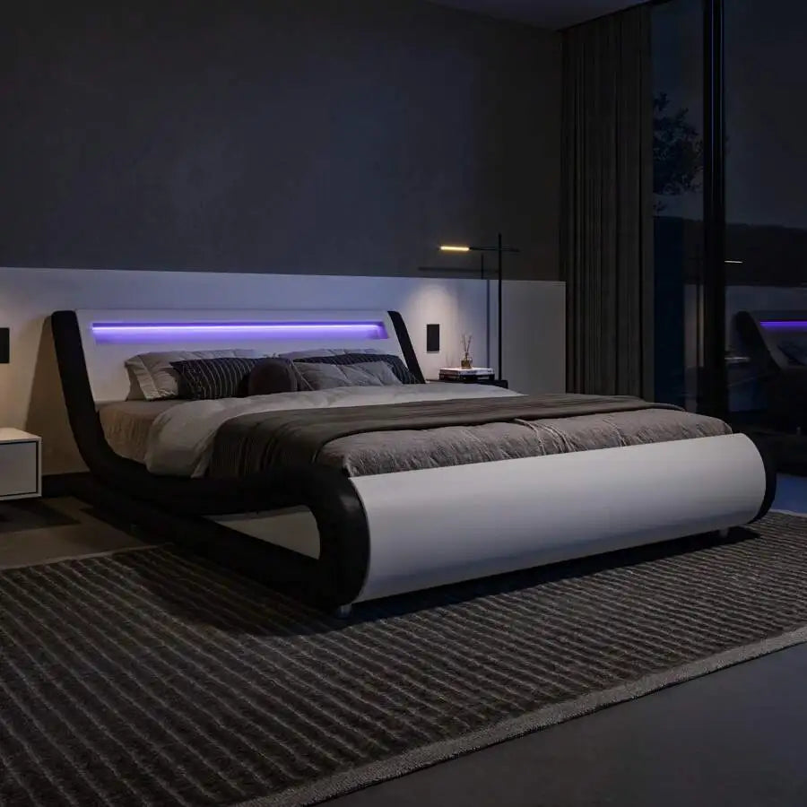 Full/Queen/King Size LED Platform Bed Frame With Adjustable Headboard, No Box Spring Need, Easy Assembly, Faux Leather In White And Black