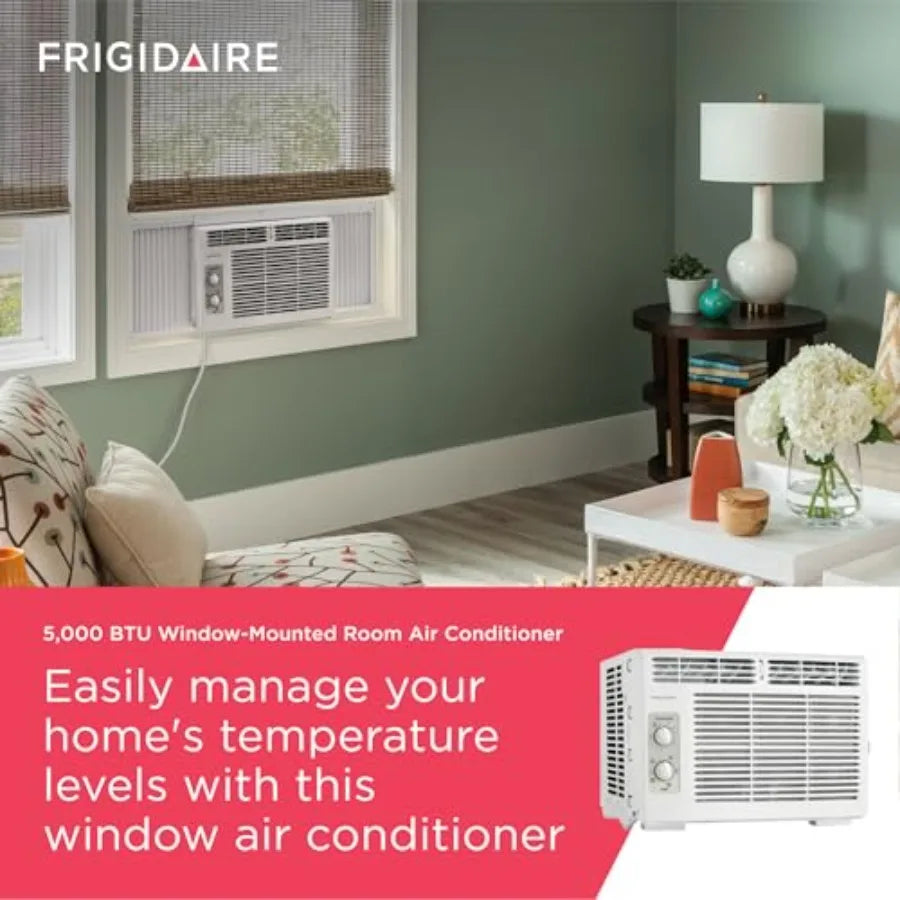 Window-mounted air conditioner for small rooms, white plastic housing, quiet 5, 000 BTU cooling up to 150 sq. ft., 2 fan speeds